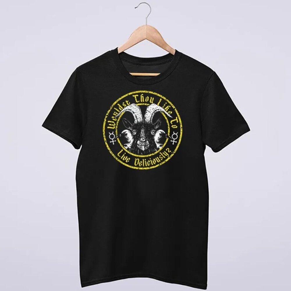 Live Deliciously Cartoon Goat Black Phillip Graphic T-Shirt Horror Fan Gift Tee